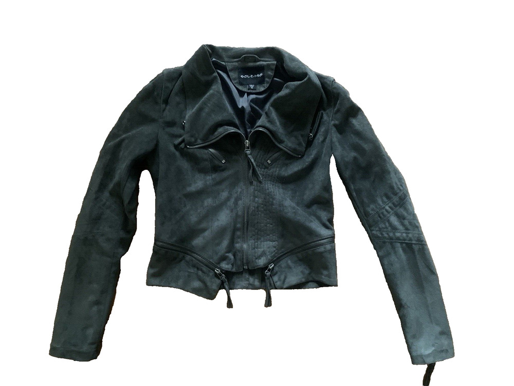 Solemio Moto Jacket Womens Small Green Faux Suede Gunge Punk Rock Coat